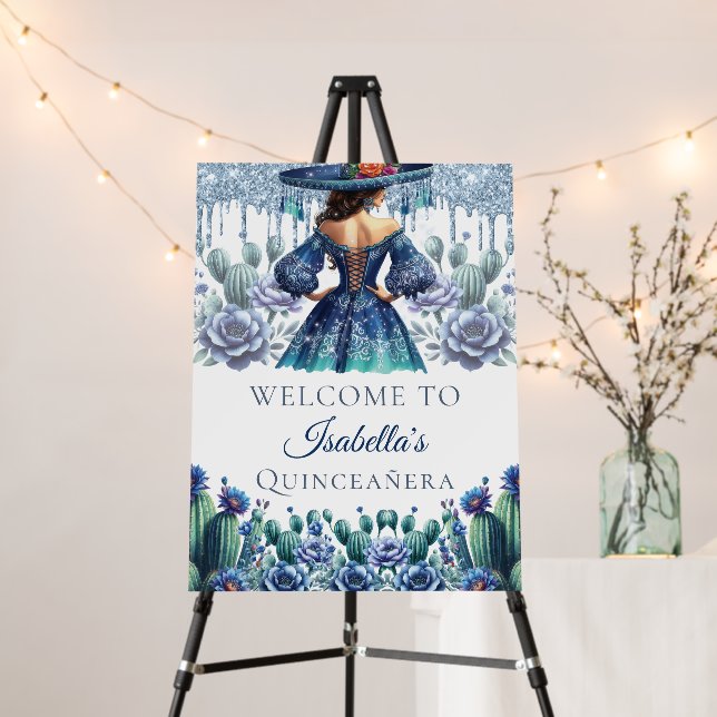Blue Mexican Style Quinceañera Custom Welcome Foam Board (In Situ (Stand))