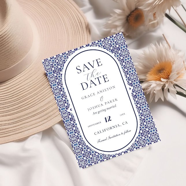 Blue Mexican Talavera Spanish Wedding Save the Dat Invitation (Creator Uploaded)