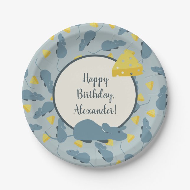 Blue Mice and Cheese Birthday Party Paper Plates (Front)