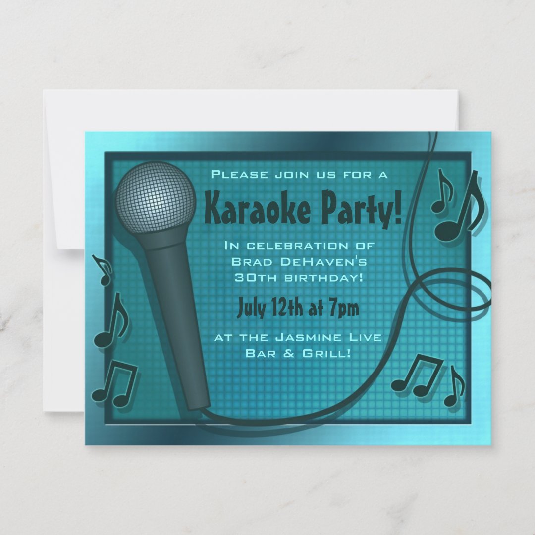 Blue Microphone Karaoke Party Invitation | Zazzle