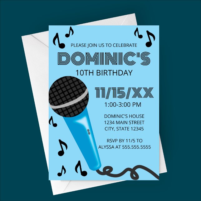 Blue Microphone Kids Birthday Invitation (Blue Microphone Karaoke Birthday Party Invitation)