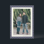 Blue Mid Century Geometric Hanukkah Large Photos Holiday Card<br><div class="desc">This modern Hanukkah design features a navy blue geometric border inspired by mid-century patterns. The front showcases a large photo framed with crisp ivory and clean typography. The back includes space for an additional photo and custom holiday message.</div>