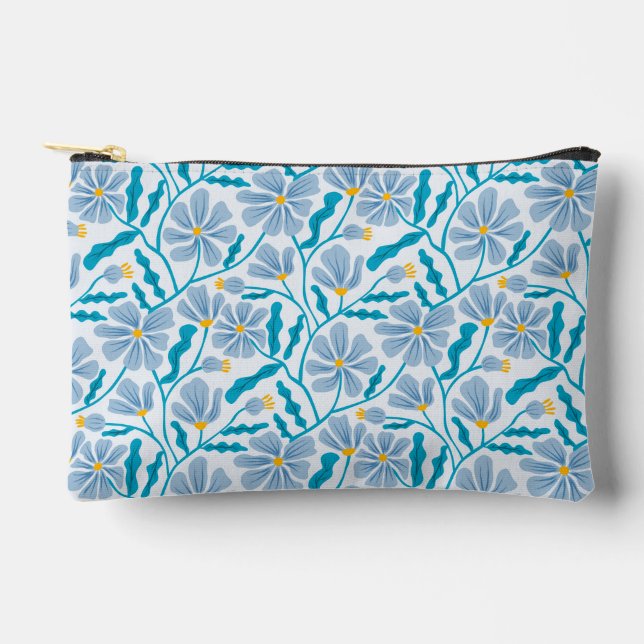 Blue Mid-Century Modern Floral Pattern Accessory Pouch (Front)