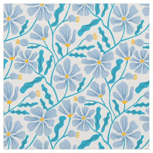 Blue Mid-Century Modern Floral Pattern Fabric