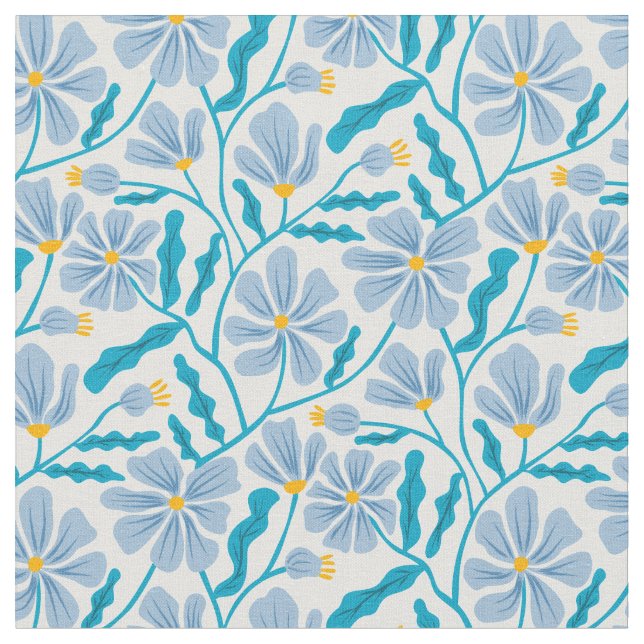 Blue Mid-Century Modern Floral Pattern Fabric (Close Up)