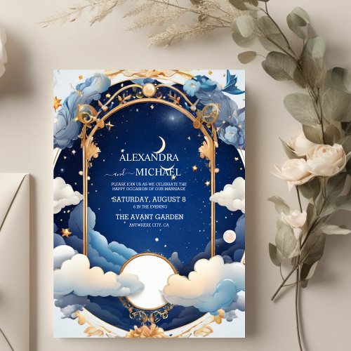 Blue Mid Summer Night Dream Celestial Wedding Invitation