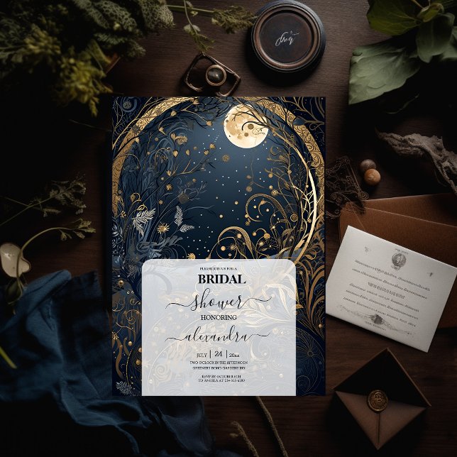 Blue Midnight Gold Celestial Bridal Shower Invitation (Creator Uploaded)