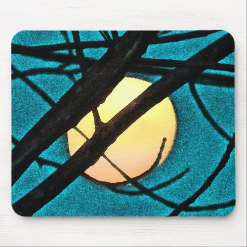 Blue Midnight Moon and Branches Abstract Mousepad
