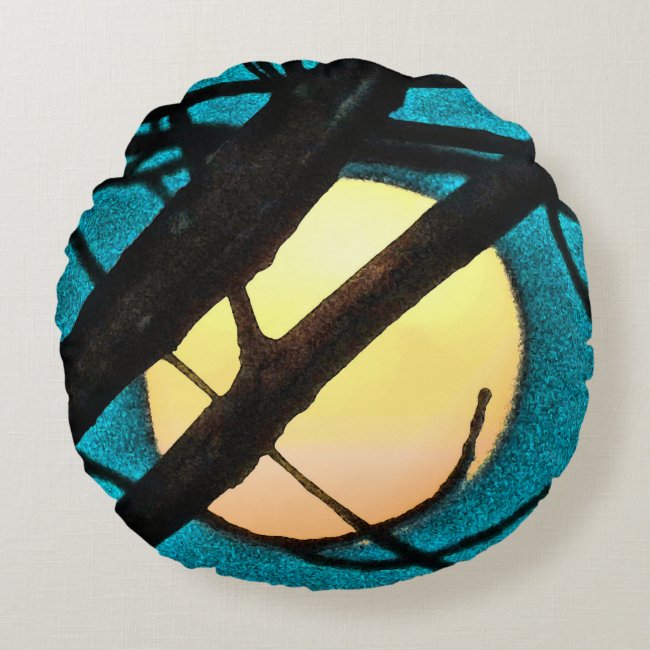 Blue Midnight Moon Branch Abstract Round Pillow