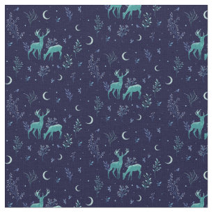 Blue Midnight Moonlight Deer Fabric