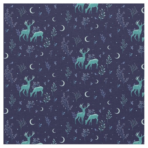 Blue Midnight Moonlight Deer Fabric