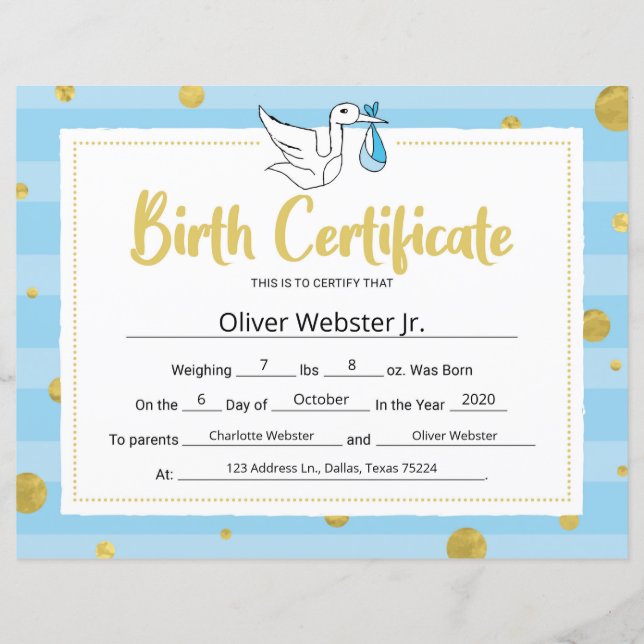 Blue Milestone Certificate Baby Birth Certificate (Front)
