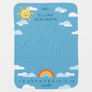 Blue Milestone Hello Baby Sun Clouds Rainbow Blanket