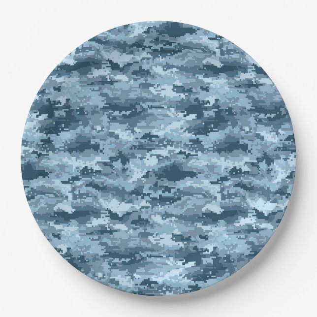 Blue military pixelated camouflage pattern paper plates (Front)