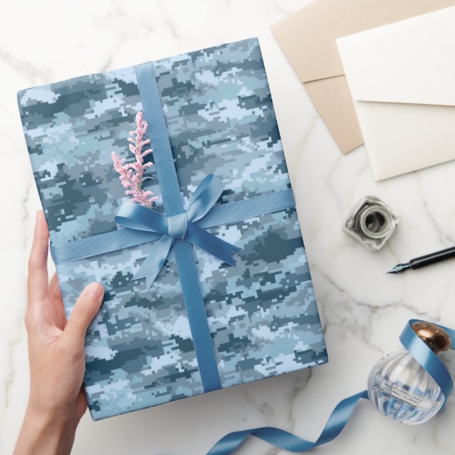Blue military pixelated camouflage pattern wrapping paper (Gifting)