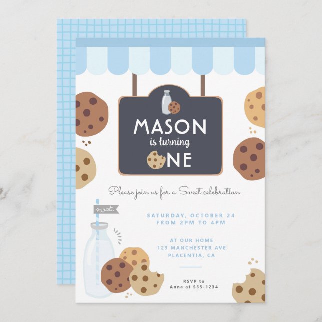 Blue Milk and Cookies First birthday Boys Invitation (Front/Back)
