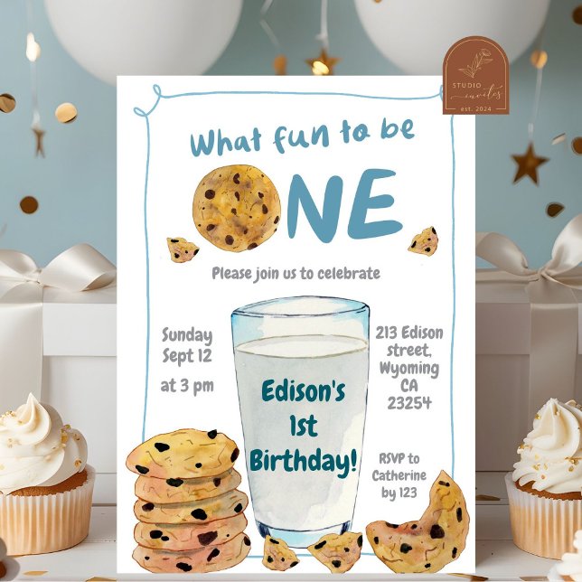 Blue Milk and Cookies First Birthday Invitation (Creator Uploaded)