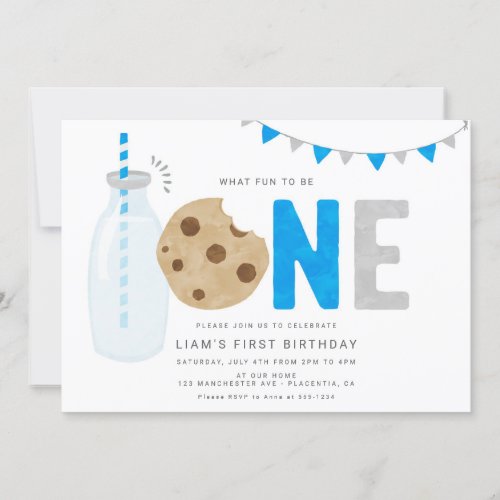 Blue Milk and Cookies First birthday Minimal  Invitation