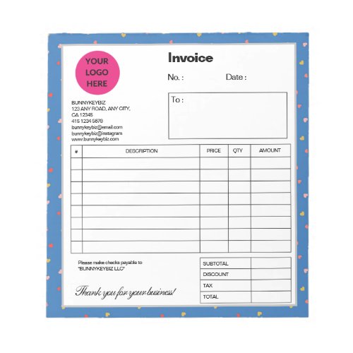 Blue Mini Heart Company Business Shop Invoice Notepad