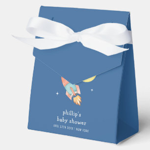 Blue Minimal Boy Over The Moon Rocket Baby Shower Favor Boxes