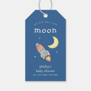 Blue Minimal Boy Over The Moon Rocket Baby Shower Gift Tags