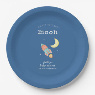 Blue Minimal Boy Over The Moon Rocket Baby Shower Paper Plates