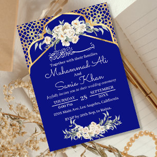 Blue Minimal Floral Gold Islamic Muslim Wedding Invitation