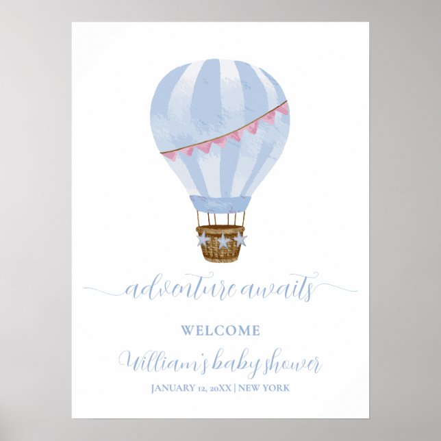 Blue Minimal Hot Air Balloon Baby Shower Welcome Poster (Front)