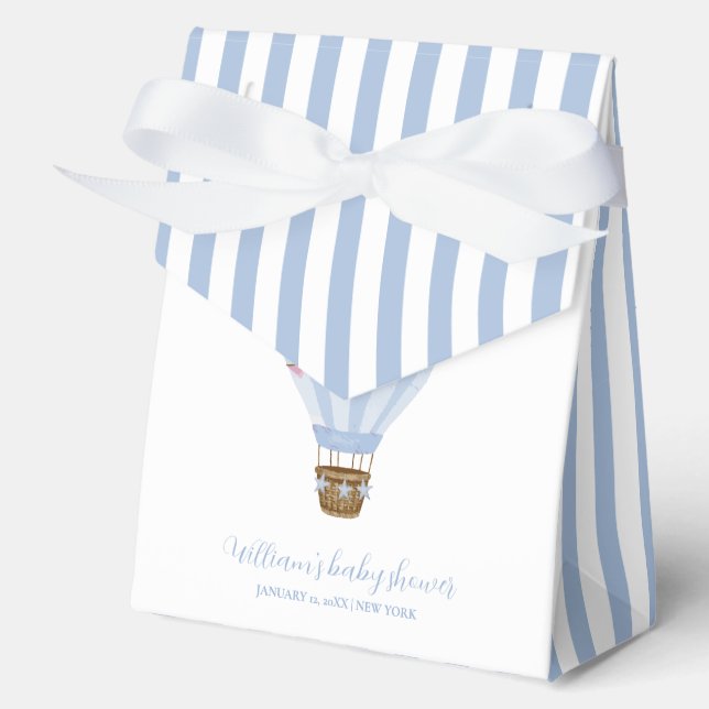 Blue Minimal Stripe Hot Air Balloon Baby Shower Favor Boxes (Front)