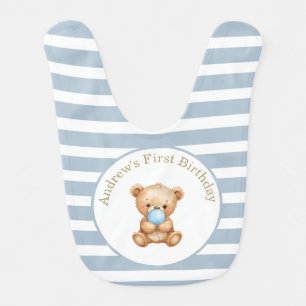 Blue Minimal Stripes Teddy Bear Birthday Baby Bib