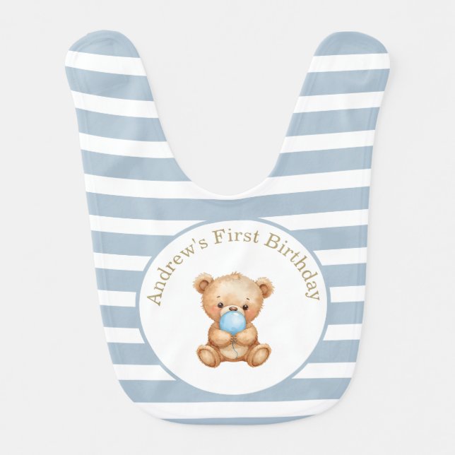 Blue Minimal Stripes Teddy Bear Birthday Baby Bib (Front)