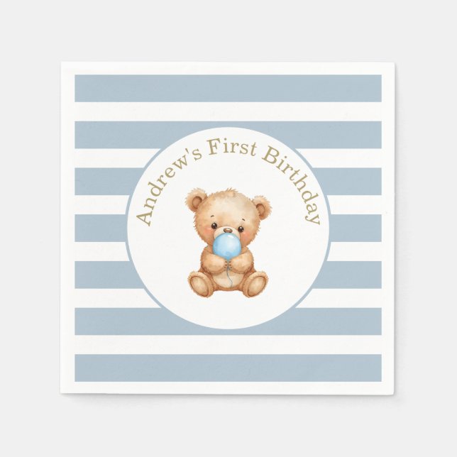 Blue Minimal Stripes Teddy Bear Birthday  Napkins (Front)
