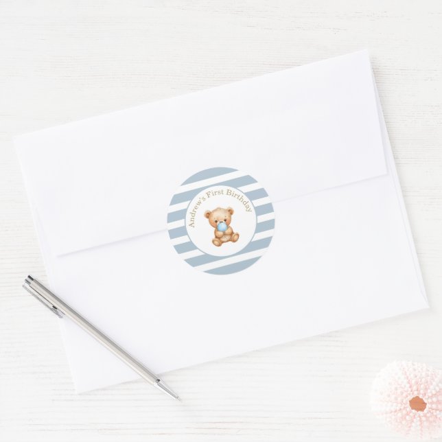 Blue Minimal Stripes Teddy Bear Birthday Sticker (Envelope)