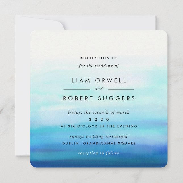 Blue Minimal Watercolor Waves Invitation (Back)