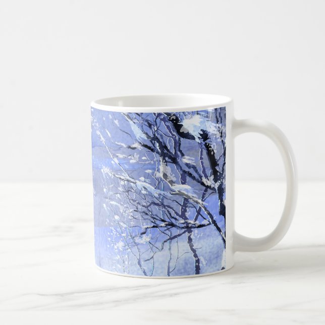 Blue Minimal Winter Forest Watercolor Illustration Coffee Mug (Right)
