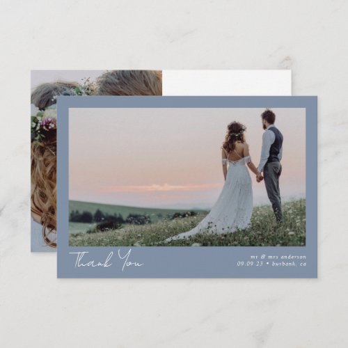 Blue Minimalist 2 Photo Calligraphy Wedding Thank You Card