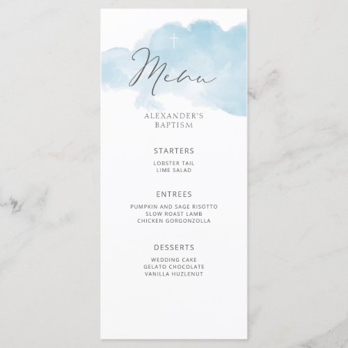 Blue minimalist baby boy baptism menu