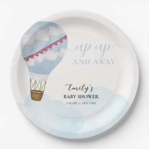 Blue Minimalist Boho Hot Air Balloon Baby Shower Paper Plates