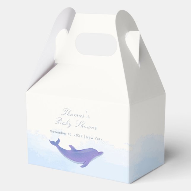 Blue Minimalist Boho Ocean Dolphin Baby Shower Favor Boxes (Front)