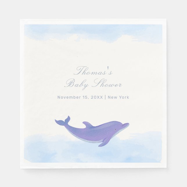 Blue Minimalist Boho Ocean Dolphin Baby Shower Napkins (Front)