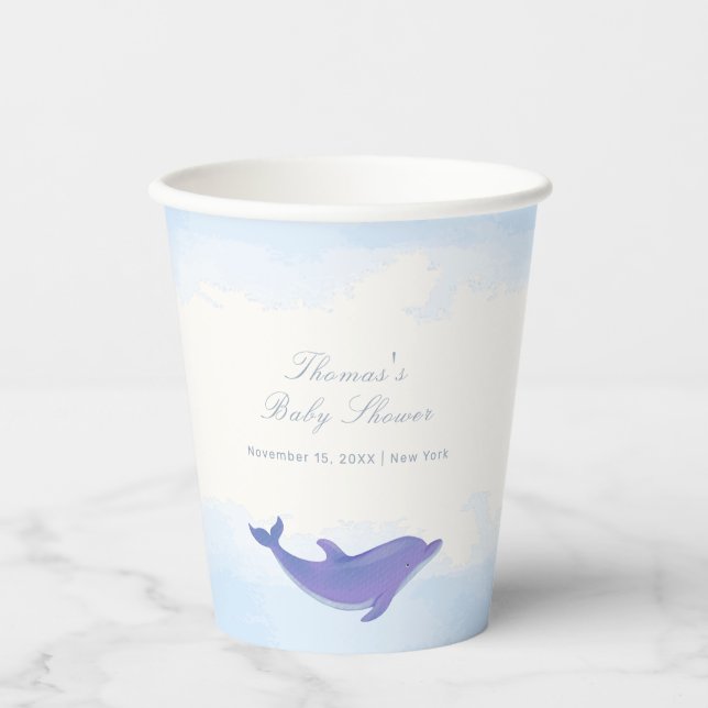 Blue Minimalist Boho Ocean Dolphin Baby Shower Paper Cups (Front)