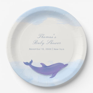 Blue Minimalist Boho Ocean Dolphin Baby Shower Paper Plates