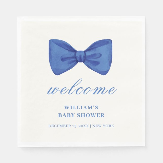 Blue Minimalist Bow Boy Baby Shower Welcome  Napkins (Front)