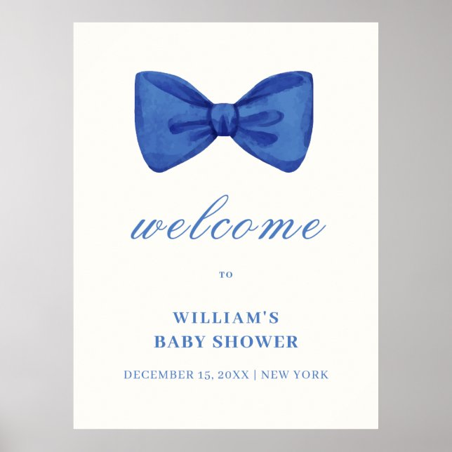 Blue Minimalist Bow Boy Baby Shower Welcome  Poster (Front)