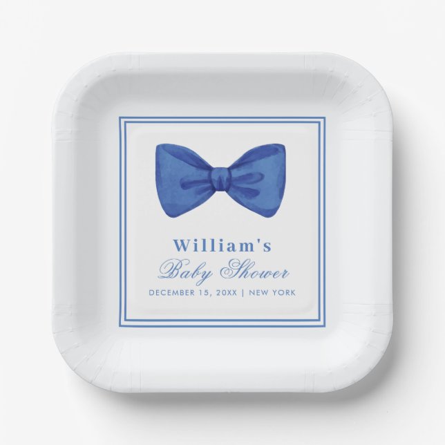 Blue Minimalist Bow Frame Baby Shower  Paper Plates (Front)