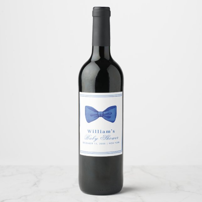Blue Minimalist Bow Frame Baby Shower  Wine Label (Front)