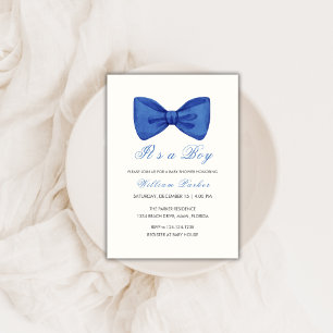 Blue Minimalist Bow Tie Boy Baby Shower Invitation
