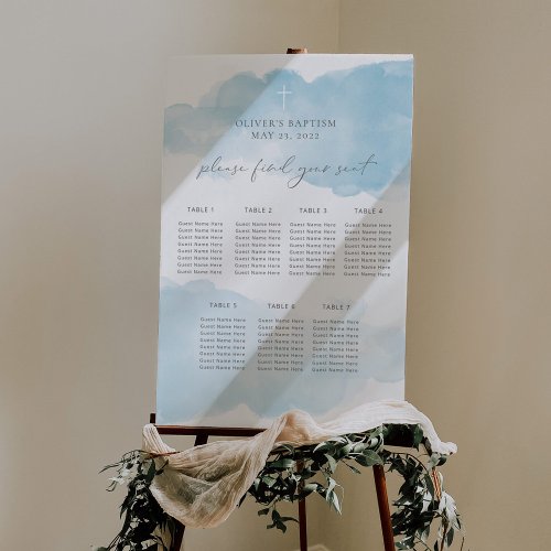 Blue minimalist boy baptism seating chart foam board