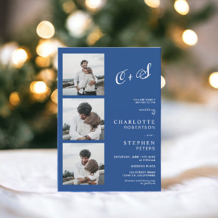 Blue minimalist casual initials photo wedding invitation