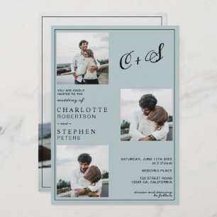 Blue minimalist casual initials photo wedding invitation